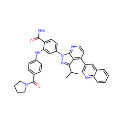 CC(C)c1nn(-c2ccc(C(N)=O)c(Nc3ccc(C(=O)N4CCCC4)cc3)c2)c2nccc(-c3cnc4ccccc4c3)c12 ZINC000169703469