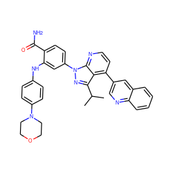 CC(C)c1nn(-c2ccc(C(N)=O)c(Nc3ccc(N4CCOCC4)cc3)c2)c2nccc(-c3cnc4ccccc4c3)c12 ZINC000169703468