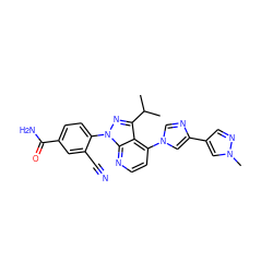 CC(C)c1nn(-c2ccc(C(N)=O)cc2C#N)c2nccc(-n3cnc(-c4cnn(C)c4)c3)c12 ZINC000169703525