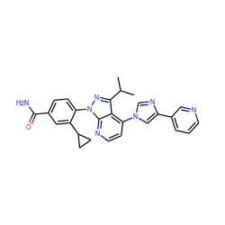 CC(C)c1nn(-c2ccc(C(N)=O)cc2C2CC2)c2nccc(-n3cnc(-c4cccnc4)c3)c12 ZINC000169703540