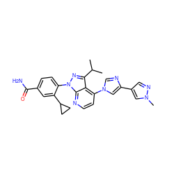 CC(C)c1nn(-c2ccc(C(N)=O)cc2C2CC2)c2nccc(-n3cnc(-c4cnn(C)c4)c3)c12 ZINC000169703512