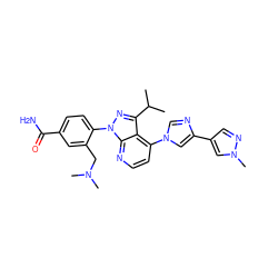 CC(C)c1nn(-c2ccc(C(N)=O)cc2CN(C)C)c2nccc(-n3cnc(-c4cnn(C)c4)c3)c12 ZINC000169703526