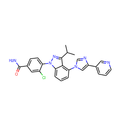 CC(C)c1nn(-c2ccc(C(N)=O)cc2Cl)c2cccc(-n3cnc(-c4cccnc4)c3)c12 ZINC000200916878