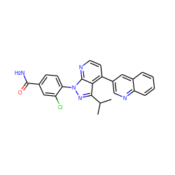 CC(C)c1nn(-c2ccc(C(N)=O)cc2Cl)c2nccc(-c3cnc4ccccc4c3)c12 ZINC000169251914