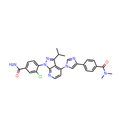 CC(C)c1nn(-c2ccc(C(N)=O)cc2Cl)c2nccc(-n3cnc(-c4ccc(C(=O)N(C)C)cc4)c3)c12 ZINC000169703556