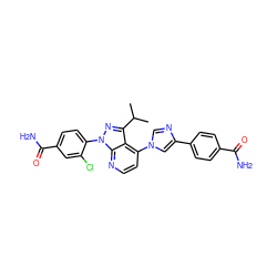 CC(C)c1nn(-c2ccc(C(N)=O)cc2Cl)c2nccc(-n3cnc(-c4ccc(C(N)=O)cc4)c3)c12 ZINC000169703557