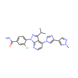 CC(C)c1nn(-c2ccc(C(N)=O)cc2Cl)c2nccc(-n3cnc(-c4cnn(C)c4)c3)c12 ZINC000169703507