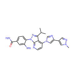 CC(C)c1nn(-c2ccc(C(N)=O)cc2N)c2nccc(-n3cnc(-c4cnn(C)c4)c3)c12 ZINC000169703514