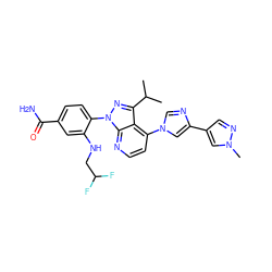 CC(C)c1nn(-c2ccc(C(N)=O)cc2NCC(F)F)c2nccc(-n3cnc(-c4cnn(C)c4)c3)c12 ZINC000169703524