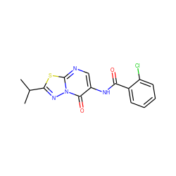 CC(C)c1nn2c(=O)c(NC(=O)c3ccccc3Cl)cnc2s1 ZINC000012383142