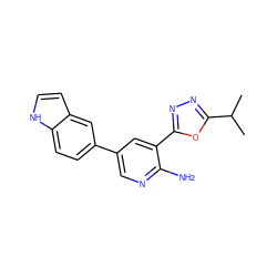 CC(C)c1nnc(-c2cc(-c3ccc4[nH]ccc4c3)cnc2N)o1 ZINC000142790430