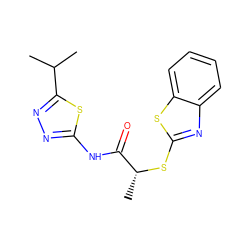 CC(C)c1nnc(NC(=O)[C@@H](C)Sc2nc3ccccc3s2)s1 ZINC000004174475