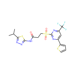 CC(C)c1nnc(NC(=O)CCS(=O)(=O)c2nc(-c3cccs3)cc(C(F)(F)F)n2)s1 ZINC000004355594