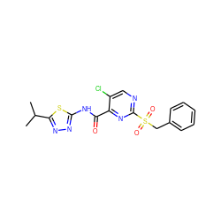 CC(C)c1nnc(NC(=O)c2nc(S(=O)(=O)Cc3ccccc3)ncc2Cl)s1 ZINC000008613847