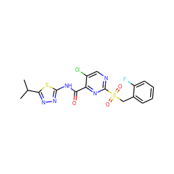 CC(C)c1nnc(NC(=O)c2nc(S(=O)(=O)Cc3ccccc3F)ncc2Cl)s1 ZINC000008916818