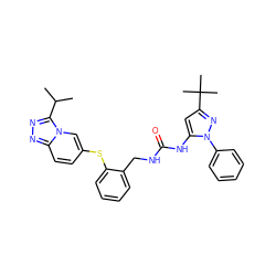 CC(C)c1nnc2ccc(Sc3ccccc3CNC(=O)Nc3cc(C(C)(C)C)nn3-c3ccccc3)cn12 ZINC000073223569