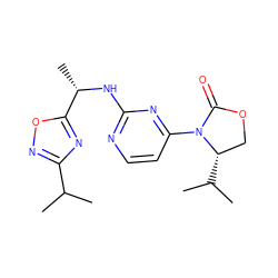 CC(C)c1noc([C@H](C)Nc2nccc(N3C(=O)OC[C@@H]3C(C)C)n2)n1 ZINC000142074584