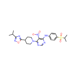 CC(C)c1noc(C2CCN(c3ncnc(Nc4ccc(S(=O)(=O)C(C)C)cc4)c3[N+](=O)[O-])CC2)n1 ZINC000040867229