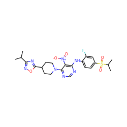 CC(C)c1noc(C2CCN(c3ncnc(Nc4ccc(S(=O)(=O)C(C)C)cc4F)c3[N+](=O)[O-])CC2)n1 ZINC000044387287