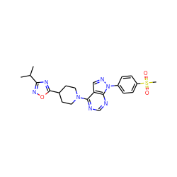 CC(C)c1noc(C2CCN(c3ncnc4c3cnn4-c3ccc(S(C)(=O)=O)cc3)CC2)n1 ZINC000071296226