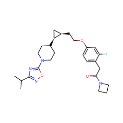 CC(C)c1noc(N2CCC([C@H]3C[C@H]3CCOc3ccc(CC(=O)N4CCC4)c(F)c3)CC2)n1 ZINC000205295306