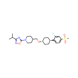 CC(C)c1noc(N2CCC(CO[C@H]3CC[C@H](c4ccc(S(C)(=O)=O)cc4F)CC3)CC2)n1 ZINC000261129631