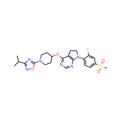 CC(C)c1noc(N2CCC(Oc3ncnc4c3CCN4c3ccc(S(C)(=O)=O)cc3F)CC2)n1 ZINC000088385452