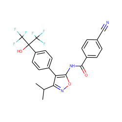 CC(C)c1noc(NC(=O)c2ccc(C#N)cc2)c1-c1ccc(C(O)(C(F)(F)F)C(F)(F)F)cc1 ZINC000028569417