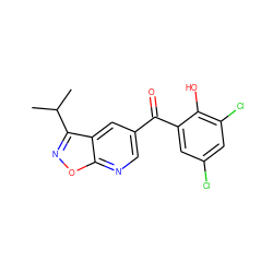 CC(C)c1noc2ncc(C(=O)c3cc(Cl)cc(Cl)c3O)cc12 ZINC000002631638