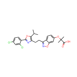 CC(C)c1oc(-c2ccc(Cl)cc2Cl)nc1CCc1noc2cc(OC(C)(C)C(=O)O)ccc12 ZINC000034001583