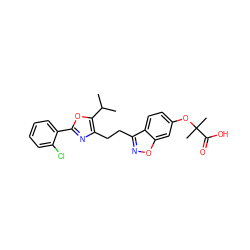 CC(C)c1oc(-c2ccccc2Cl)nc1CCc1noc2cc(OC(C)(C)C(=O)O)ccc12 ZINC000071340668