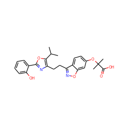 CC(C)c1oc(-c2ccccc2O)nc1CCc1noc2cc(OC(C)(C)C(=O)O)ccc12 ZINC000071340511