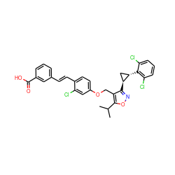 CC(C)c1onc([C@H]2C[C@@H]2c2c(Cl)cccc2Cl)c1COc1ccc(/C=C/c2cccc(C(=O)O)c2)c(Cl)c1 ZINC000044406262