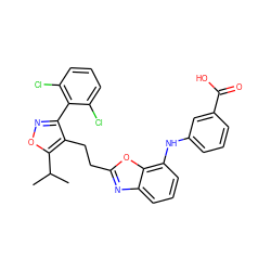 CC(C)c1onc(-c2c(Cl)cccc2Cl)c1CCc1nc2cccc(Nc3cccc(C(=O)O)c3)c2o1 ZINC000043079509