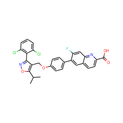 CC(C)c1onc(-c2c(Cl)cccc2Cl)c1COc1ccc(-c2cc3ccc(C(=O)O)nc3cc2F)cc1 ZINC000066112653