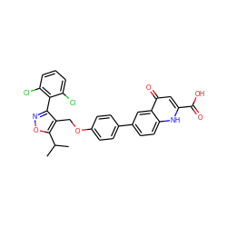 CC(C)c1onc(-c2c(Cl)cccc2Cl)c1COc1ccc(-c2ccc3[nH]c(C(=O)O)cc(=O)c3c2)cc1 ZINC000066080126