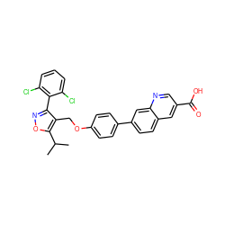 CC(C)c1onc(-c2c(Cl)cccc2Cl)c1COc1ccc(-c2ccc3cc(C(=O)O)cnc3c2)cc1 ZINC000066078425