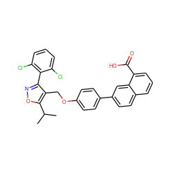 CC(C)c1onc(-c2c(Cl)cccc2Cl)c1COc1ccc(-c2ccc3cccc(C(=O)O)c3c2)cc1 ZINC000042877303