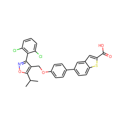 CC(C)c1onc(-c2c(Cl)cccc2Cl)c1COc1ccc(-c2ccc3sc(C(=O)O)cc3c2)cc1 ZINC000072126050