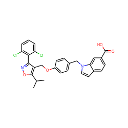 CC(C)c1onc(-c2c(Cl)cccc2Cl)c1COc1ccc(Cn2ccc3ccc(C(=O)O)cc32)cc1 ZINC000072125987