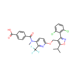 CC(C)c1onc(-c2c(Cl)cccc2Cl)c1COc1ccc(N(C)C(=O)c2ccc(C(=O)O)cc2)c(C(F)(F)F)n1 ZINC000043195963