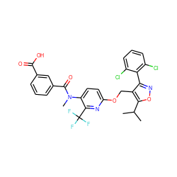 CC(C)c1onc(-c2c(Cl)cccc2Cl)c1COc1ccc(N(C)C(=O)c2cccc(C(=O)O)c2)c(C(F)(F)F)n1 ZINC000058575875