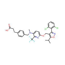 CC(C)c1onc(-c2c(Cl)cccc2Cl)c1COc1ccc(N(C)Cc2ccc(CCC(=O)O)cc2)c(C(F)(F)F)n1 ZINC000058582154