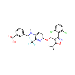 CC(C)c1onc(-c2c(Cl)cccc2Cl)c1COc1ccc(N(C)Cc2cccc(C(=O)O)c2)c(C(F)(F)F)n1 ZINC000058563889