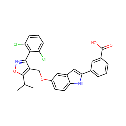 CC(C)c1onc(-c2c(Cl)cccc2Cl)c1COc1ccc2[nH]c(-c3cccc(C(=O)O)c3)cc2c1 ZINC000043069532