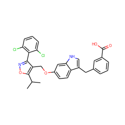 CC(C)c1onc(-c2c(Cl)cccc2Cl)c1COc1ccc2c(Cc3cccc(C(=O)O)c3)c[nH]c2c1 ZINC000043018630