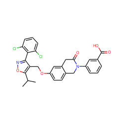 CC(C)c1onc(-c2c(Cl)cccc2Cl)c1COc1ccc2c(c1)CC(=O)N(c1cccc(C(=O)O)c1)C2 ZINC000043120511