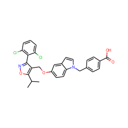 CC(C)c1onc(-c2c(Cl)cccc2Cl)c1COc1ccc2c(ccn2Cc2ccc(C(=O)O)cc2)c1 ZINC000043077373