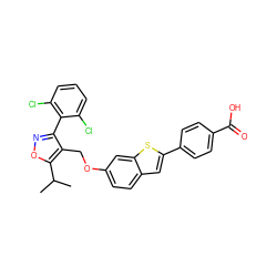 CC(C)c1onc(-c2c(Cl)cccc2Cl)c1COc1ccc2cc(-c3ccc(C(=O)O)cc3)sc2c1 ZINC000043013451