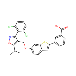 CC(C)c1onc(-c2c(Cl)cccc2Cl)c1COc1ccc2cc(-c3cccc(C(=O)O)c3)sc2c1 ZINC000039289518